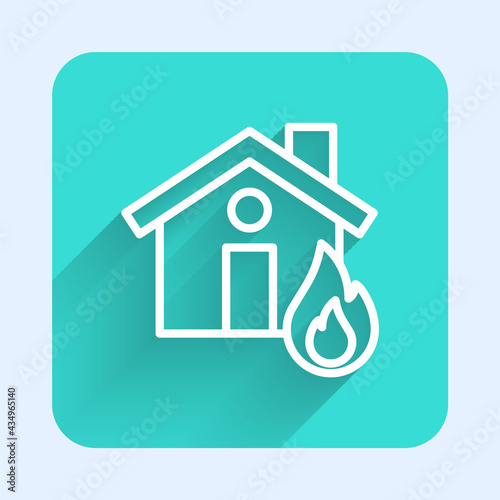 White line Fire in burning house icon isolated with long shadow. Green square button. Vector