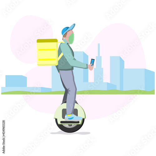 Food delivery man with yellow backpack on his back on a unicycle on the way to deliver food. Fast courier delivering food.Vector illustration in flat style