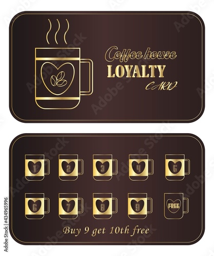 Cup of coffee. Loyalty card for coffee shop or cafe with golden coffee cup icon. Rich brown background.
