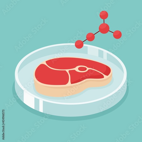 Synthetic meat concept. Farmed beef steak in the laboratory. Vector illustration.