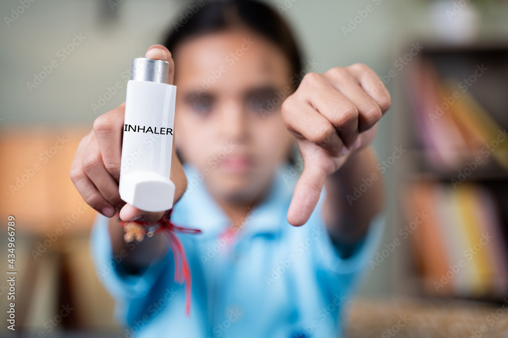 Focus on inhaler text, Teenager girl kid telling no to Asthma ...