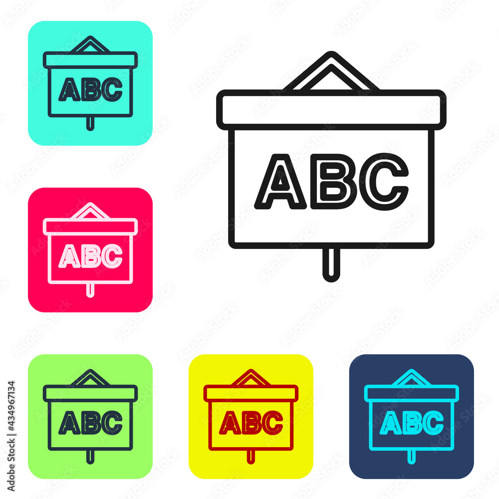 Black line Chalkboard icon isolated on white background. School Blackboard sign. Set icons in color square buttons. Vector Black line Chalkboard icon isolated on white background. School Blackboard sign. Set icons in color square buttons. Vector