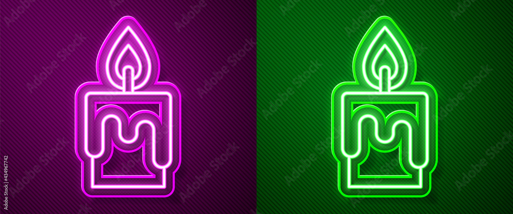 Glowing neon line Burning candle icon isolated on purple and green background. Cylindrical candle stick with burning flame. Vector Glowing neon line Burning candle icon isolated on purple and green background. Cylindrical candle stick with burning flame. Vector