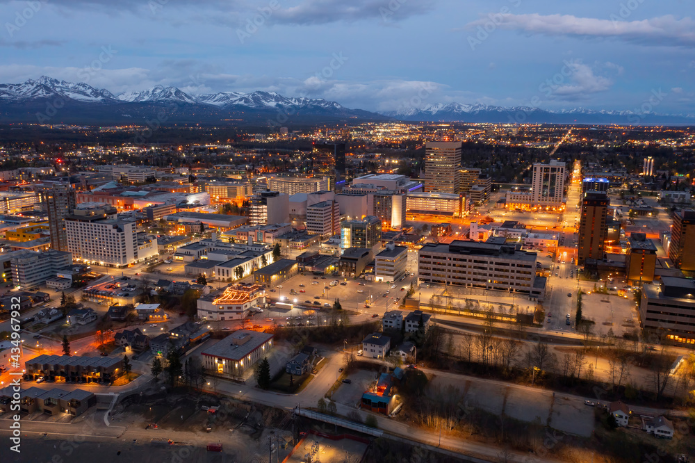 Aerial View of the Anchorage, Alaska Skyline at Dusk in Spring