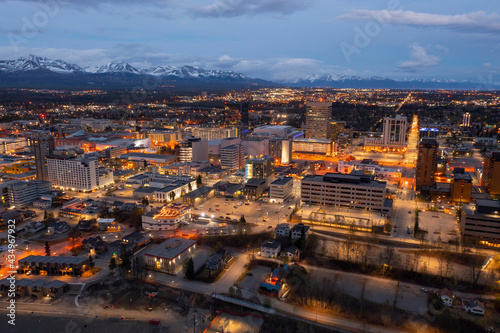 Aerial View of the Anchorage, Alaska Skyline at Dusk in Spring