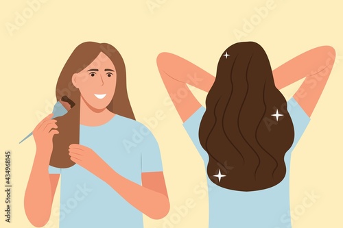 How to dye your hair at home guide. Hair coloring process. Beauty procedure. Apply color creme on hair with brush. Before and after. Vector illustration