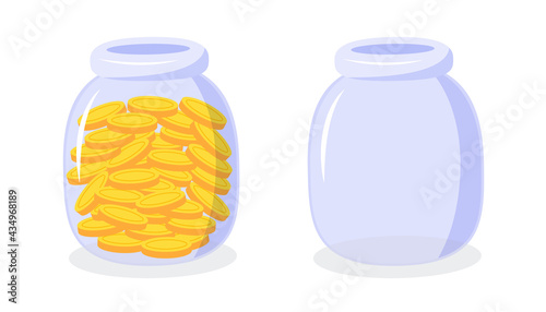 Jar with full of coins and empty. Creative financial concept of saving money, wealth, rich, and investment. Simple trendy cute cartoon object vector illustration. Flat style graphic design element.