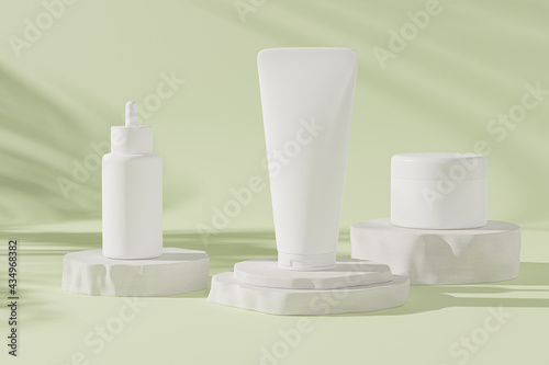 Mockup dropper bottle, lotion tube and cream jar for cosmetics products or advertising on pastel green background, 3d illustration render