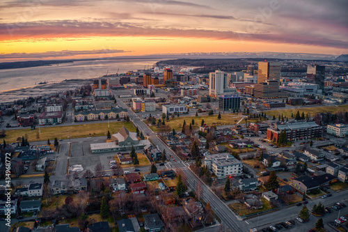 Aerial View of a Sunset over Downtown Anchorage, Alaska in Spring