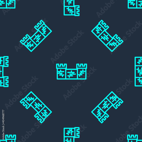 Green line Great wall of China icon isolated seamless pattern on blue background. Vector