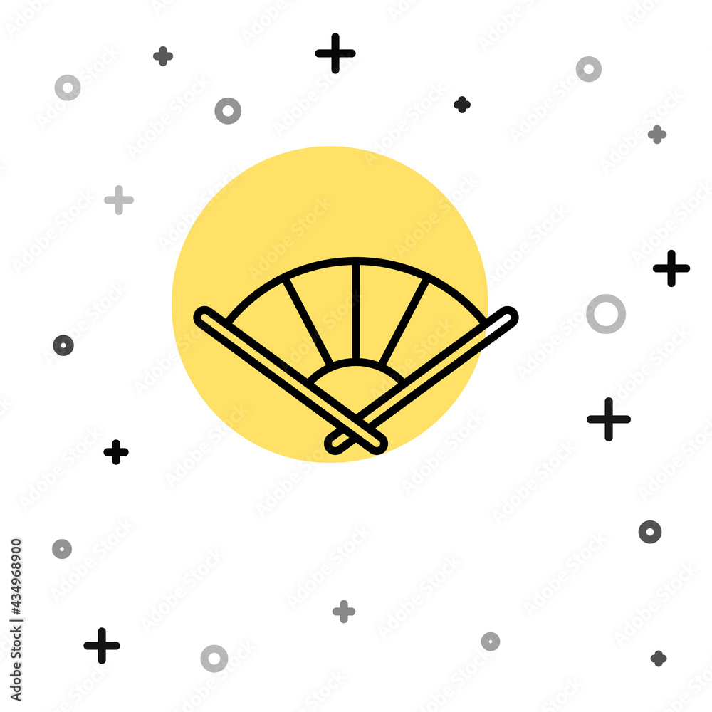 Black line Traditional paper chinese or japanese folding fan icon isolated on white background. Random dynamic shapes. Vector Black line Traditional paper chinese or japanese folding fan icon isolated on white background. Random dynamic shapes. Vector