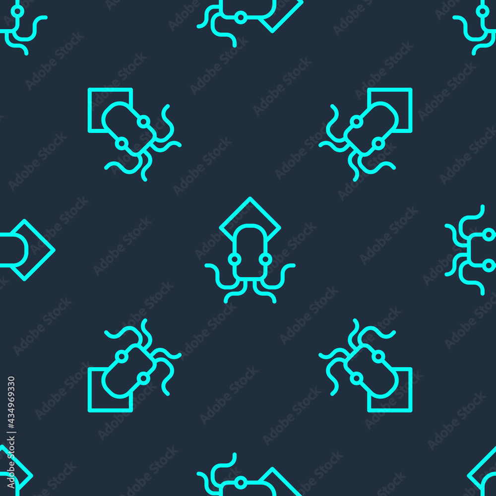 Green line Octopus icon isolated seamless pattern on blue background. Vector Green line Octopus icon isolated seamless pattern on blue background. Vector