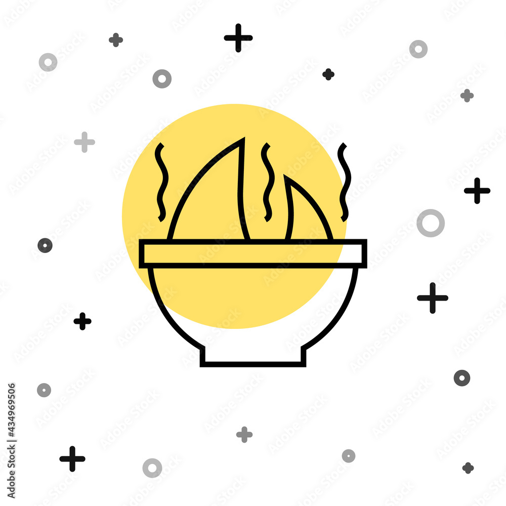 Black line Shark fin soup icon isolated on white background. Random dynamic shapes. Vector Black line Shark fin soup icon isolated on white background. Random dynamic shapes. Vector