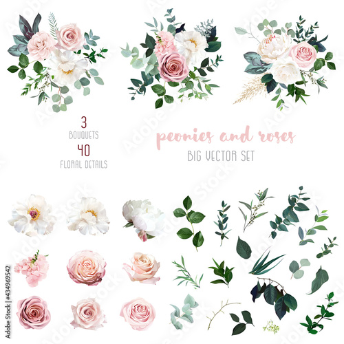 Fotografia White peonies, blush and dusty pink roses, blooming freesia, eucalyptus, salal,