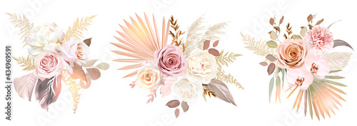 Trendy dried palm leaves, blush pink and rust rose, pale protea, white ranunculus