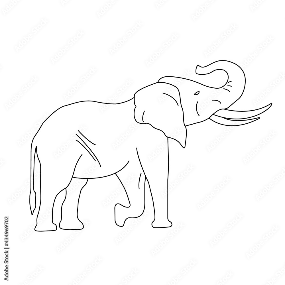 Obraz premium Simple linear illustration of an African elephant. Drawing for children's coloring. Tropical equatorial animal. Logo, emblem, label for travel agency. Summer holiday element, clipart, sticker, print.