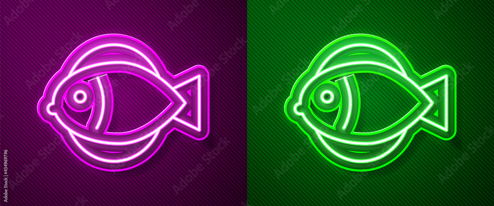 Glowing neon line Fish icon isolated on purple and green background. Vector