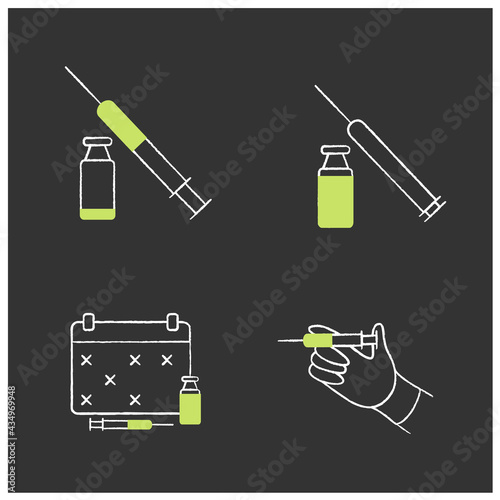 Cosmetic injection chalk icons set.Beauty correction. Rejuvenation. Vaccination, schedule. Cosmetic procedure concept. Isolated vector illustrations on chalkboard