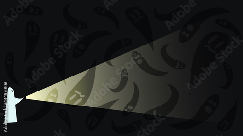 White neon ghost in the room of fear. The character moves with a flashlight in the dark. Scary faces of spirits on the walls. Creative art for Halloween. Banner, card, background. Fear, horror, mystic
