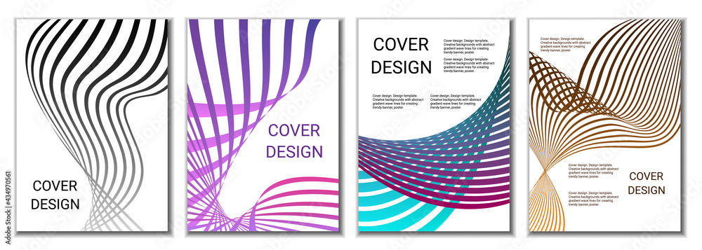 A set of 4 abstract covers. Wavy parallel gradient lines, ribbons evolve. Cover design, background. Trendy banner, poster. A set of 4 abstract covers. Wavy parallel gradient lines, ribbons evolve. Cover design, background. Trendy banner, poster.