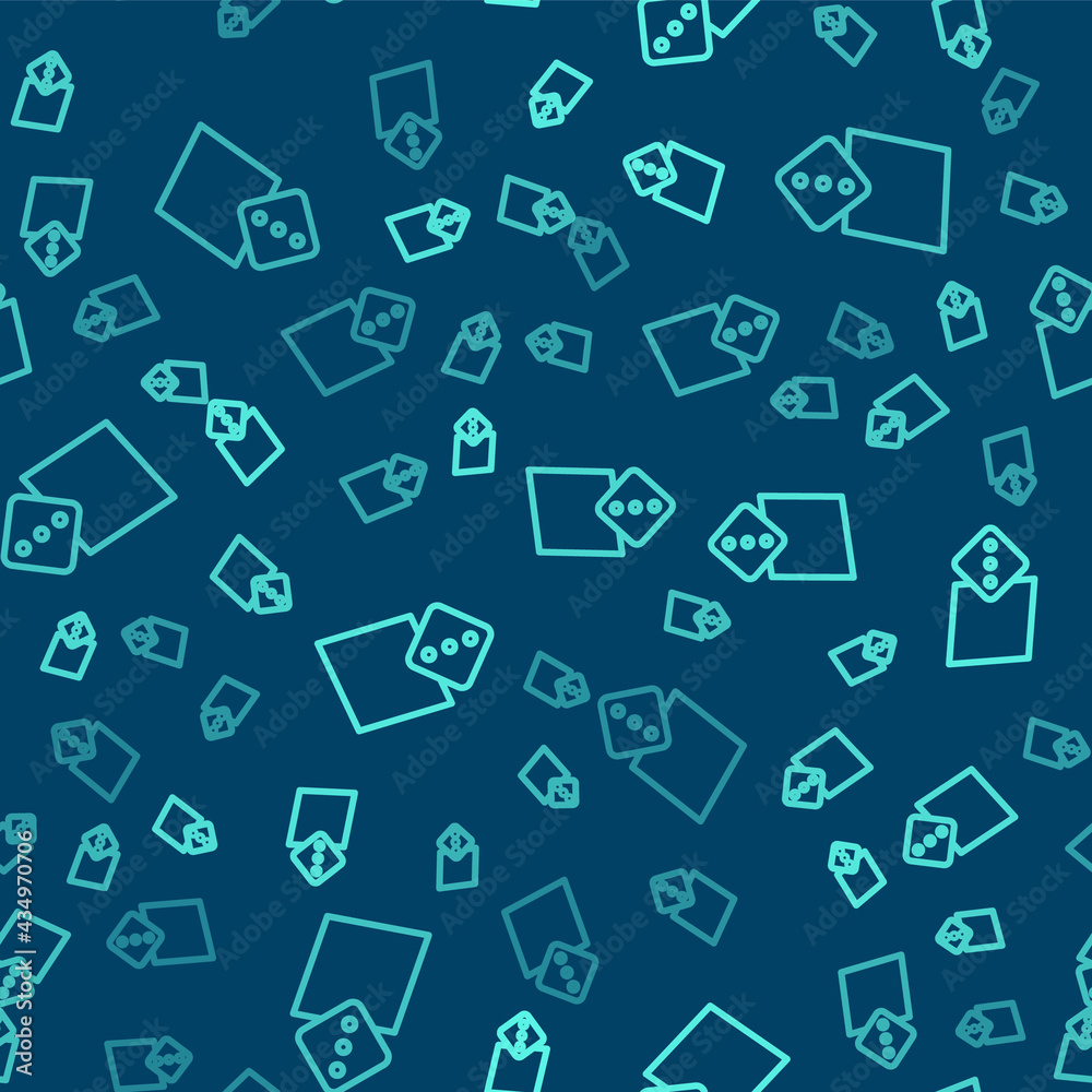Green line Game dice icon isolated seamless pattern on blue background. Casino gambling. Vector