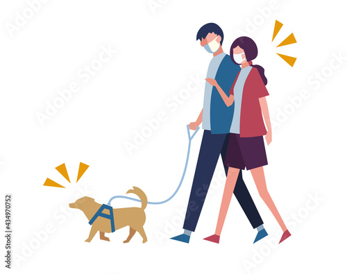 マスクを着用して犬と一緒に散歩する男女　恋人　家族　きょうだい　人物フラットイラスト