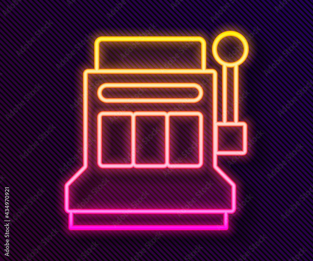 Glowing neon line Slot machine icon isolated on black background. Vector Glowing neon line Slot machine icon isolated on black background. Vector