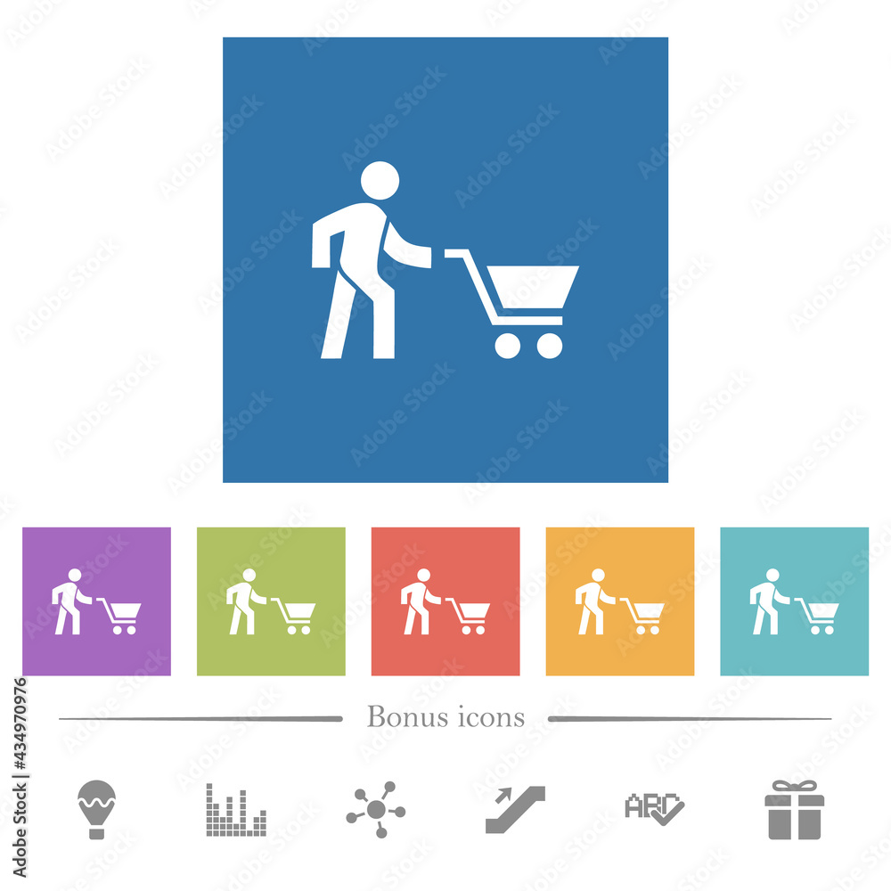 Shopping person with cart flat white icons in square backgrounds Shopping person with cart flat white icons in square backgrounds