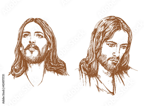 Jesus Christ Set of graphic Portraits. Hand Drawing. Vector