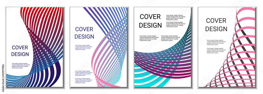 A set of 4 abstract covers. Wavy parallel gradient lines, ribbons evolve. Cover design, background. Trendy banner, poster. A set of 4 abstract covers. Wavy parallel gradient lines, ribbons evolve. Cover design, background. Trendy banner, poster.