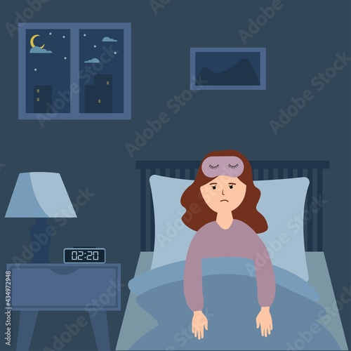 Sleepless woman suffering from insomnia. Girl with open eyes in darkness night lying on bed.Woman try to sleep under blanket.Flat cartoon style vector illustration.