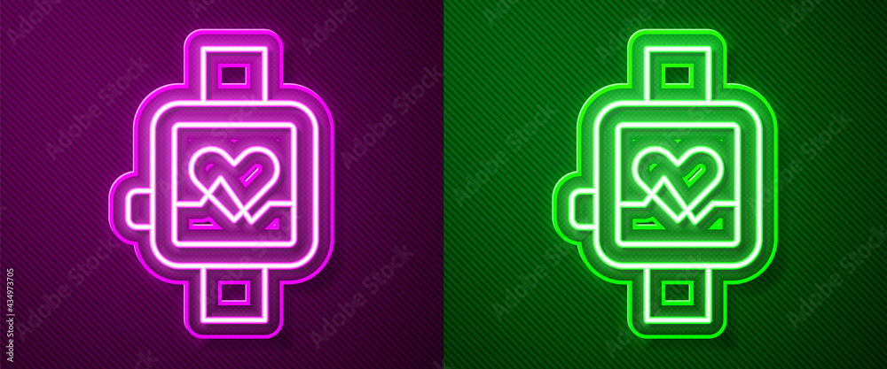 Glowing neon line Smart watch showing heart beat rate icon isolated on purple and green background. Fitness App concept. Vector Glowing neon line Smart watch showing heart beat rate icon isolated on purple and green background. Fitness App concept. Vector