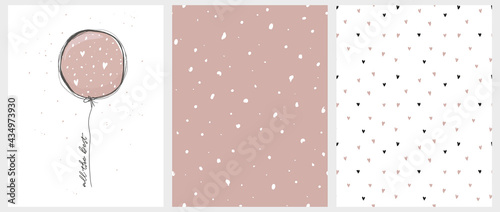 All the Best. Hand Draw Dusty Pink Ballonn with Best Wishes. Abstract Seamless Vector Pattern with White Irregular Spots on Pale Pink Background. Tiny Hearts on a White Layout.