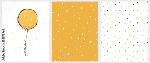All the Best. Hand Draw Yellow Balloon with Best Wishes. Abstract Seamless Vector Pattern with White Irregular Spots on Yellow Background. Black and Yellow Tiny Hearts on a White Layout.