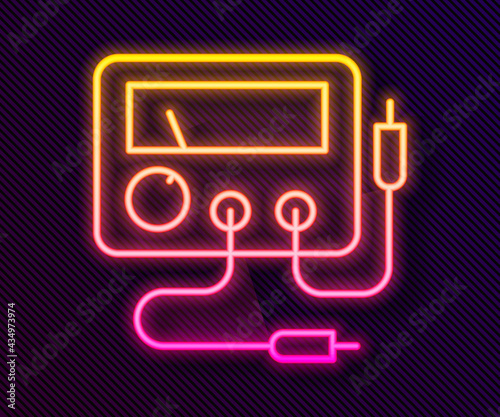 Glowing neon line Ampere meter, multimeter, voltmeter icon isolated on black background. Instruments for measurement of electric current. Vector