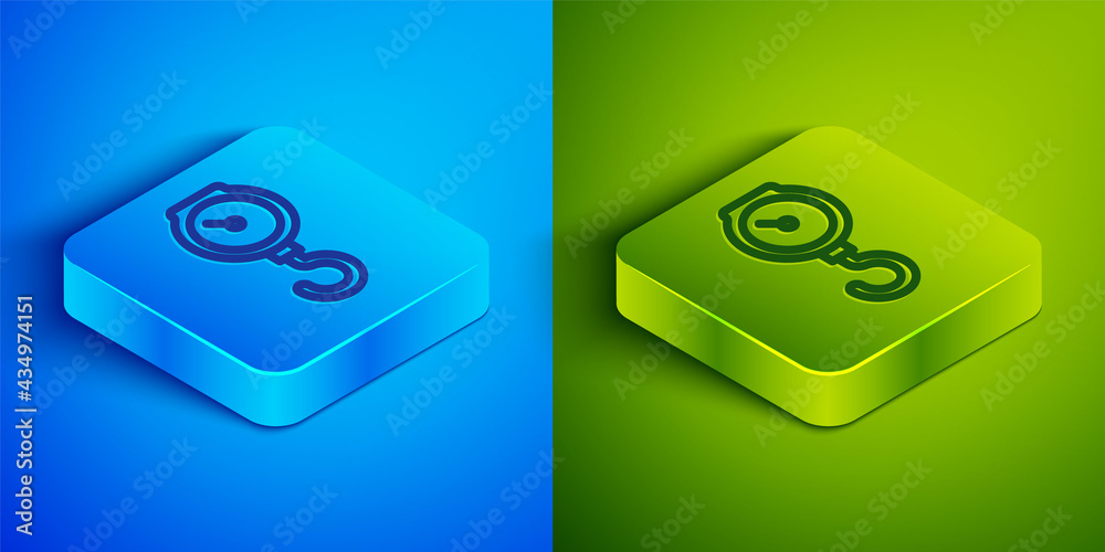 Isometric line Hand scale spring mechanical icon isolated on blue and green background. Square button. Vector Isometric line Hand scale spring mechanical icon isolated on blue and green background. Square button. Vector