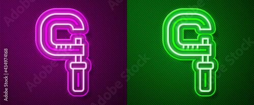 Glowing neon line Micrometer icon isolated on purple and green background. Measuring engineer tool. Universal device designed to measure linear dimensions. Vector
