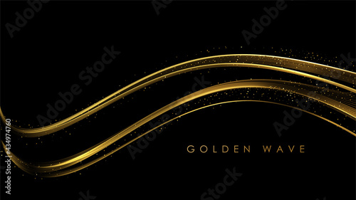 Abstract Gold Waves. Shiny golden moving lines design element with glitter effect on dark background for greeting card and disqount voucher.