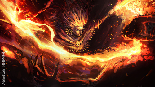 Tela The fire warrior shaman cuts off the heads of his demon enemies with a wide sweep of his paired fire swords, leaving a beautiful fiery splash