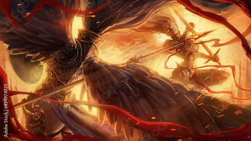 Two beautiful angel girls in plate armor fight to the death in a dynamic duel, with hatred, in the middle of the sky flooded with yellow warm divine light. 2d illustration.