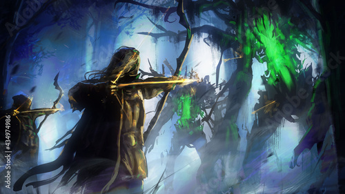  Obrazy Elfy   forest-elf-archers-fight-against-the-forest-maddened-trees-from-which-green-poison-oozes-they-shoot-them-with-magical-glowing-arrows-2d-illustration