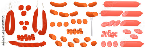 Illustration on theme big set different types delicatessen meat sausages