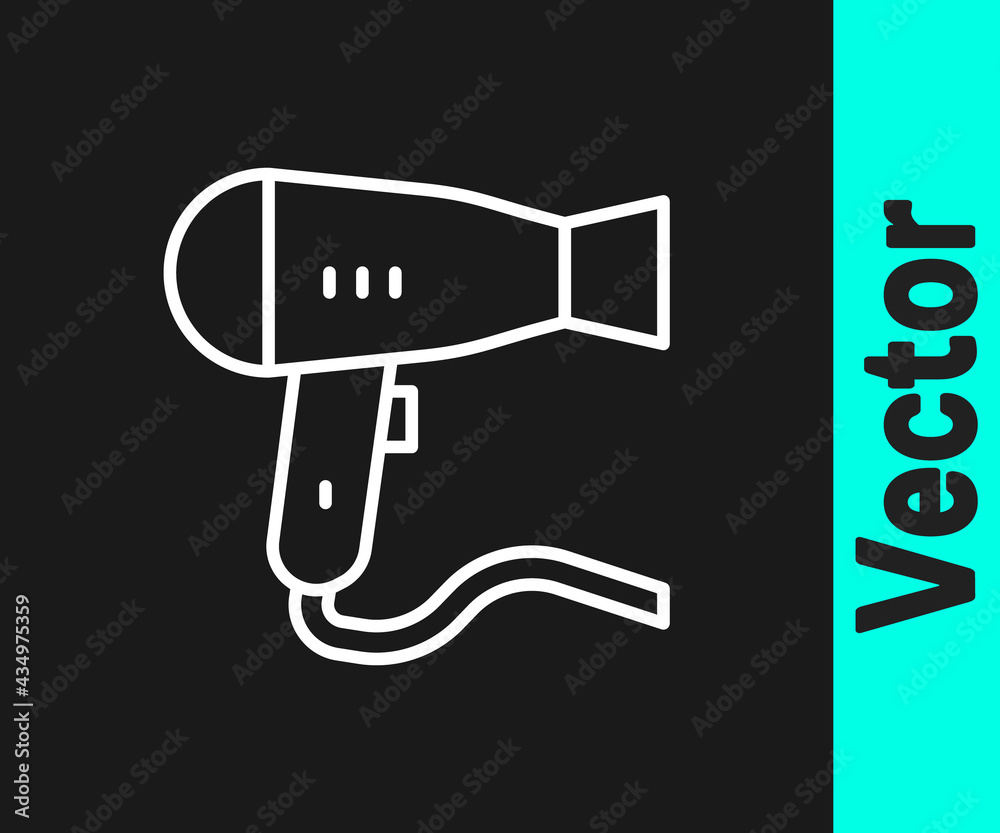 White line Hair dryer icon isolated on black background. Hairdryer sign. Hair drying symbol. Blowing hot air. Vector