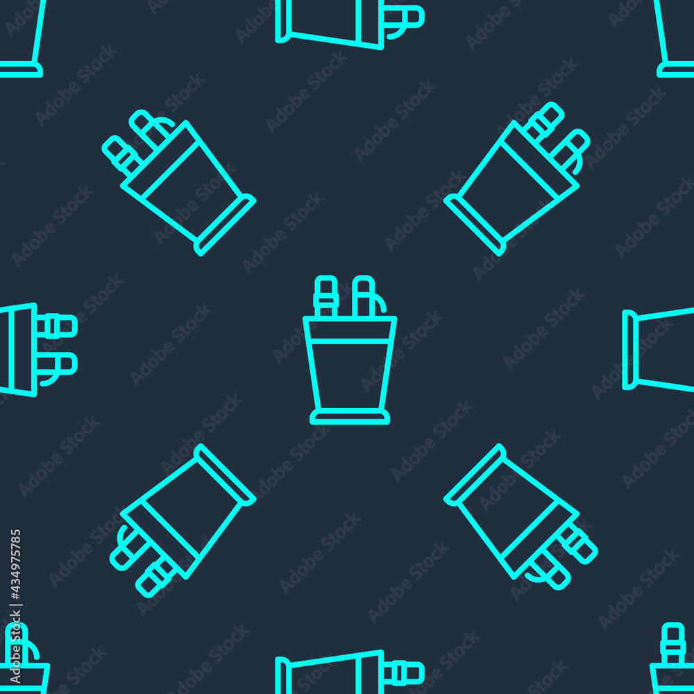Green line Pencil case stationery icon isolated seamless pattern on blue background. Pencil, pen, ruler in a glass for office. Vector Green line Pencil case stationery icon isolated seamless pattern on blue background. Pencil, pen, ruler in a glass for office. Vector