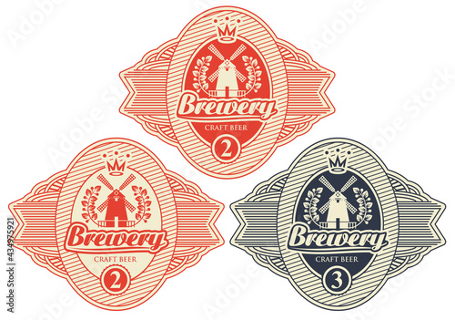 A set of three beer labels with windmill, laurel wreath and inscription Brewery. Vector red and black emblems, stickers, tags or badges in figured frames in retro style for brewery, pub, bar, shop