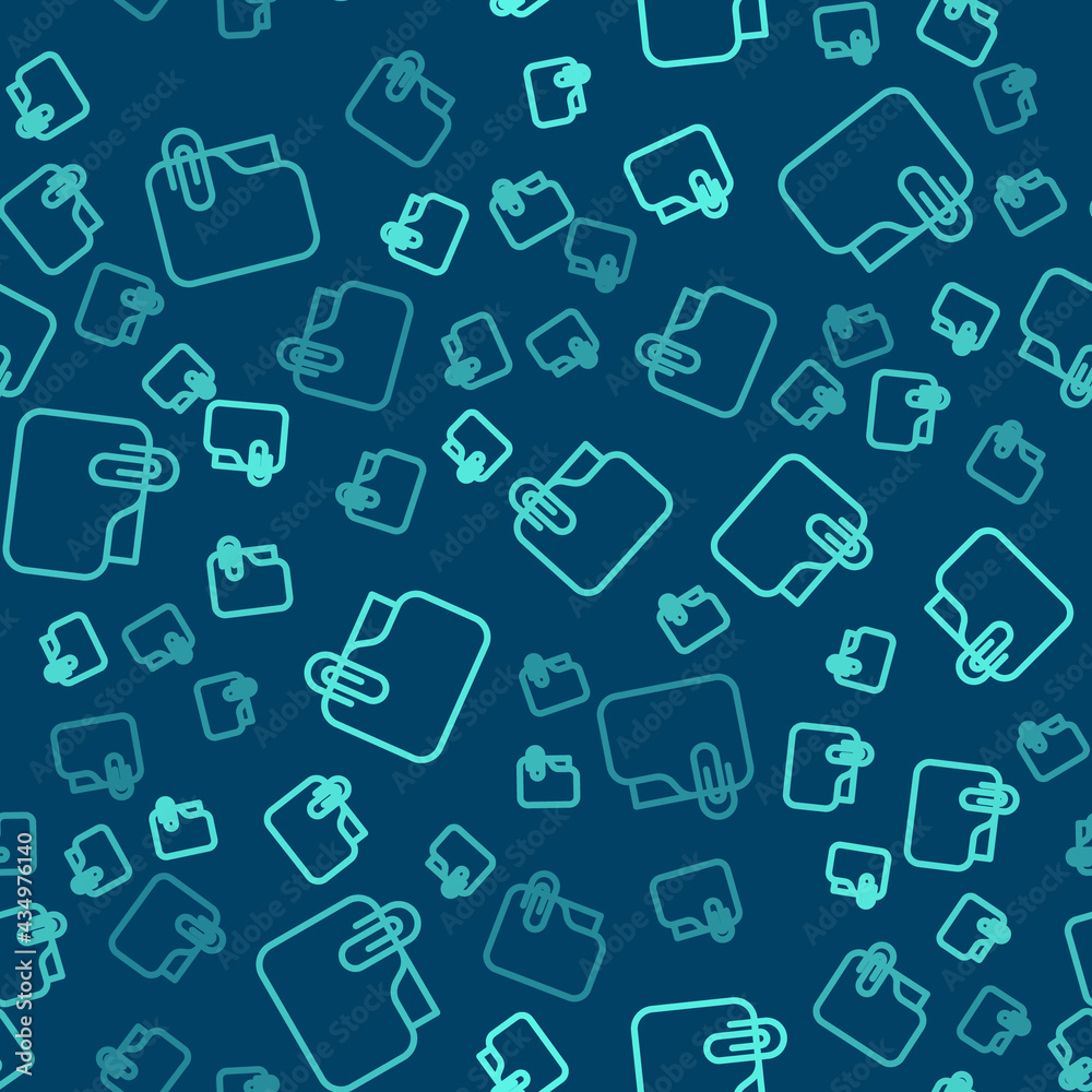 Green line Document folder with paper clip icon isolated seamless pattern on blue background. Accounting binder symbol. Bookkeeping management. Vector Green line Document folder with paper clip icon isolated seamless pattern on blue background. Accounting binder symbol. Bookkeeping management. Vector