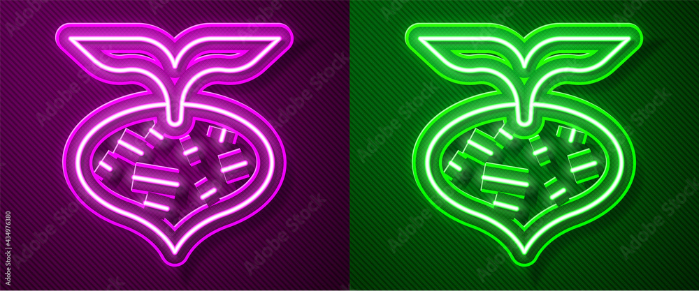 Glowing neon line Fresh beet with leaf icon isolated on purple and green background. Natural Root. Vegetable Ingredient for food. Vector Glowing neon line Fresh beet with leaf icon isolated on purple and green background. Natural Root. Vegetable Ingredient for food. Vector