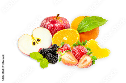 Closeup shot of fresh fruits and berries. Isolated on white background