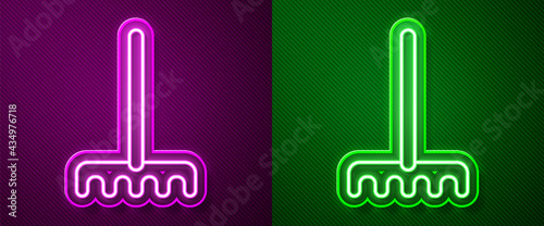 Glowing neon line Garden rake icon isolated on purple and green background. Tool for horticulture, agriculture, farming. Ground cultivator. Housekeeping equipment. Vector