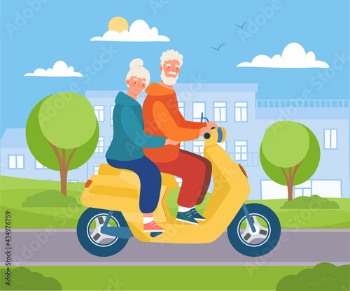 Cute elderly couple is driving scooter in the city